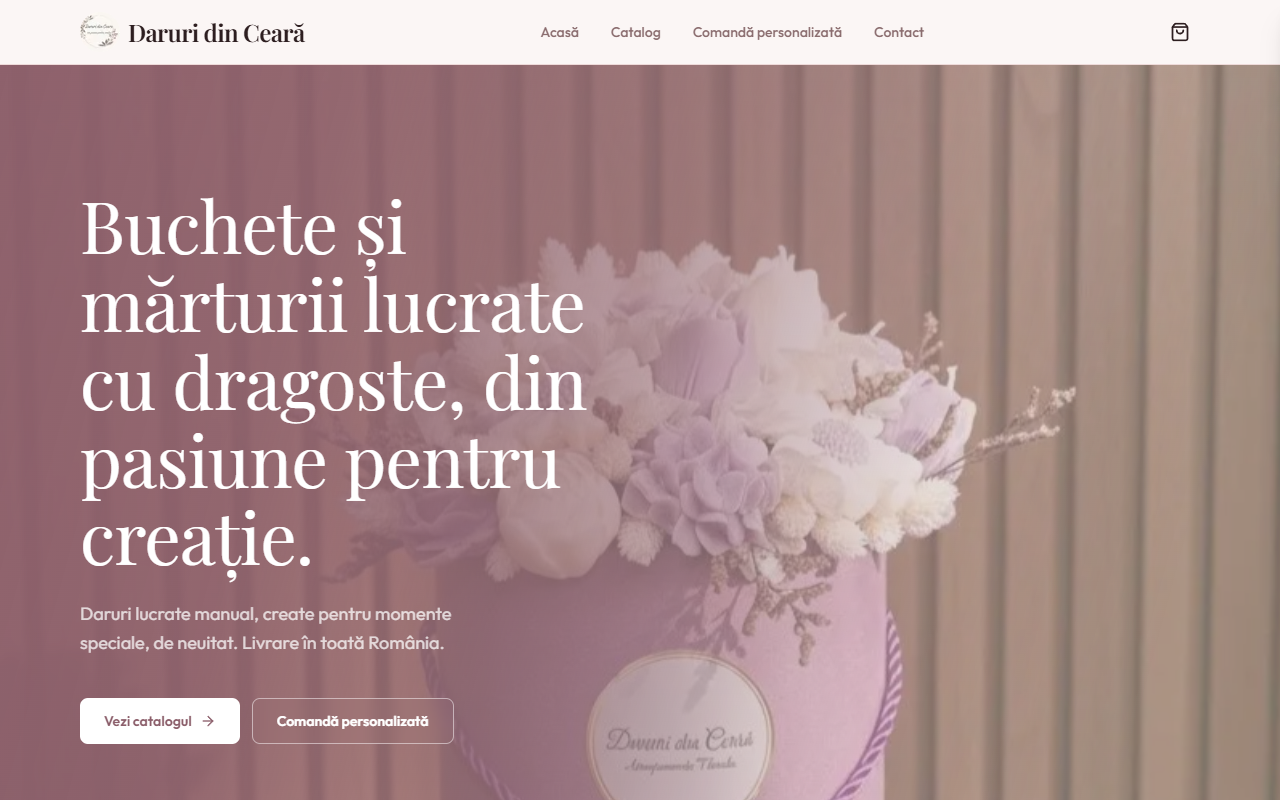 Pagina principală a magazinului online Daruri din Ceară, cu buchete și mărturii din ceară